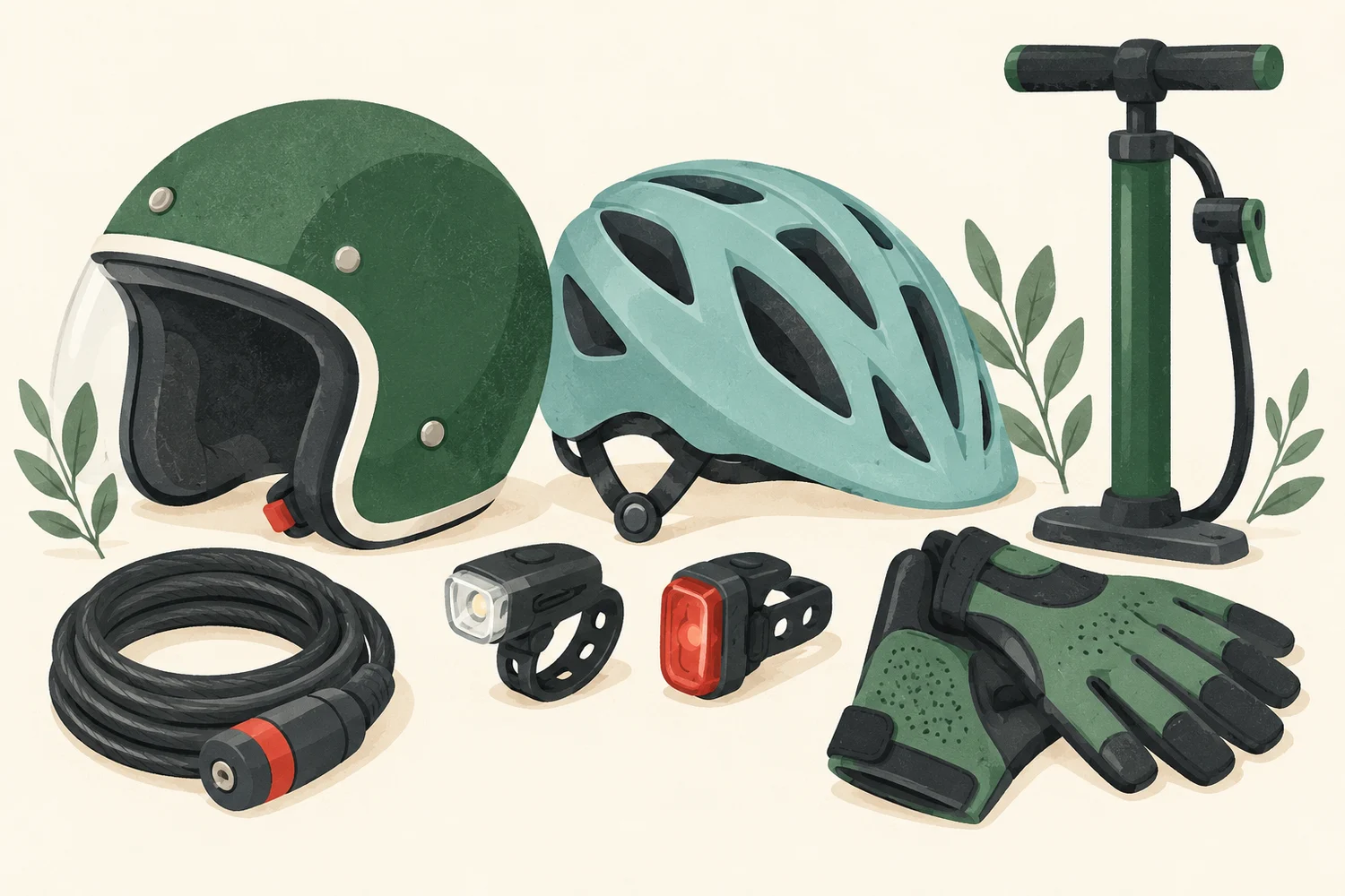 Illustrazione di caschi, lucchetto, pompa e accessori per bici e moto