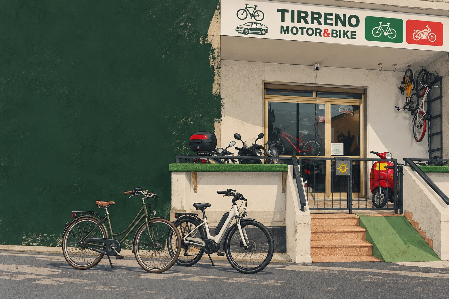 Illustrazione del negozio Tirreno Motor&Bike con bici e rampa di ingresso